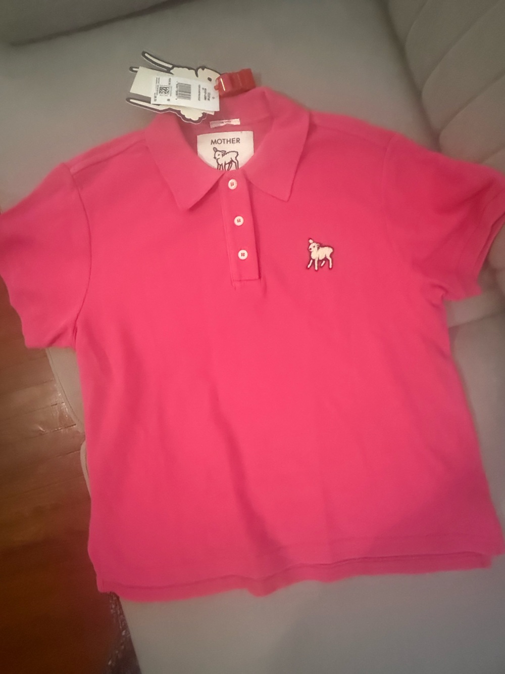 NWT MOTHER The Split S/S Match Polo Honeysuckle Pink Lamb Embroidery M $258